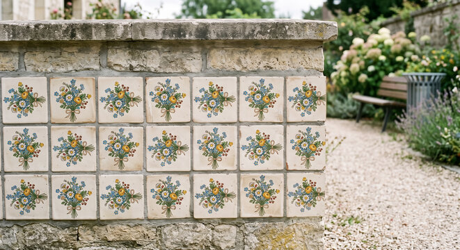 Stone garden wall decorated with ceramic tiles featuring symmetrical floral bouquet pattern. Concept of decorative tiles, floral motif.