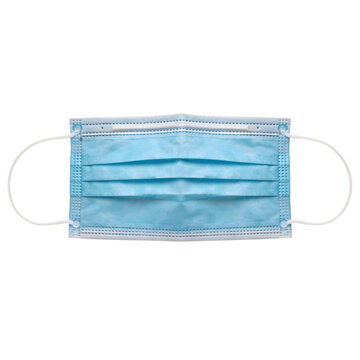 Light blue pleated disposable surgical face mask with elastic ear loops isolated on a white background, for medical and, health protection