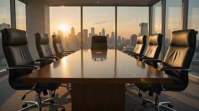 Modern Conference Room with Leather Chairs and a Cityscape View, Slowly Panning Across the Table and Windows During Sunrise.
