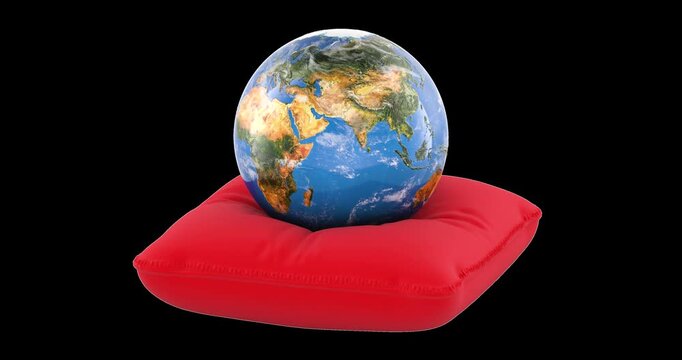 Planet Earth resting on red cushion rotation animation seamlessly loopable. 3D rendering isolated on transparent background