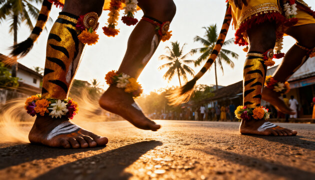 Dancers wearing traditional tiger costumes perform vibrant cultural street movements during a sunny tropical festive celebration