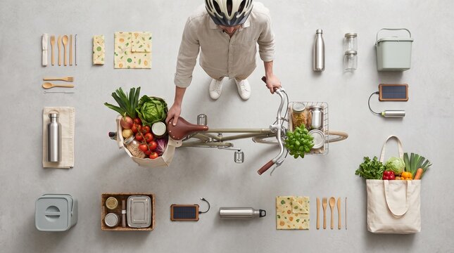 Conceito zero waste com bicicleta e sacolas de compras ecol&oacute;gicas
