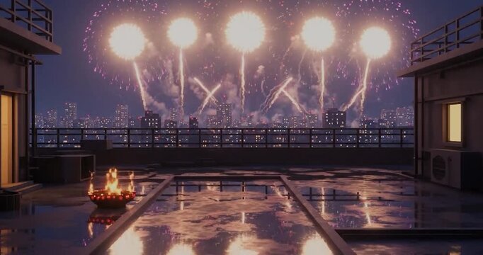 Vibrant fireworks exploding over city skyline at night.
