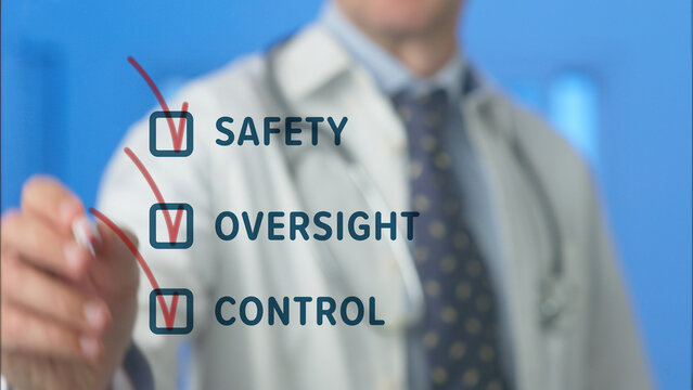 Doctor checking a digital checklist for safety, oversight, and control, representing important considerations for artificial intelligence implementation in medicine and healthcare