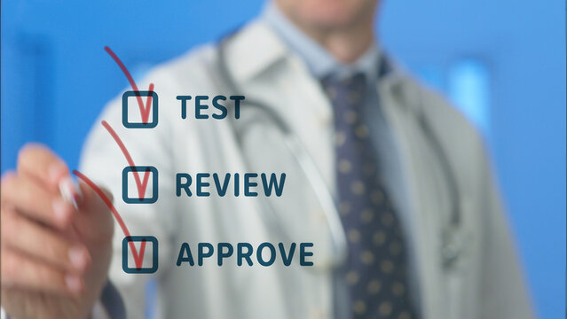 Medical professional interacting with a digital interface, completing a three step checklist for testing, reviewing, and approving artificial intelligence protocols in healthcare