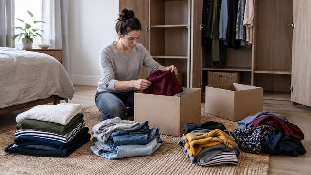 Young woman packing clothes into cardboard box for donation and decluttering wardrobe in bedroom. Concept of donate, organization, sorting, lifestyle, charity.