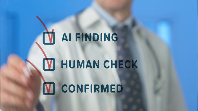 Medical professional completing a checklist on a transparent screen, signifying the hybrid approach of artificial intelligence assistance and human expertise in healthcare diagnosis and verification