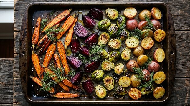 Top view of a baking sheet filled with roasted carrots, beets, brussels sprouts, and potatoes garnished with fresh dill on a rustic wooden table