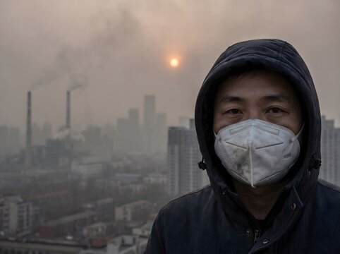 Portrait of an Asian person wearing an N95 mask in a heavily polluted city with smog, industrial smokestacks, and blurred skyscrapers, highlighting urban air quality and health risks

