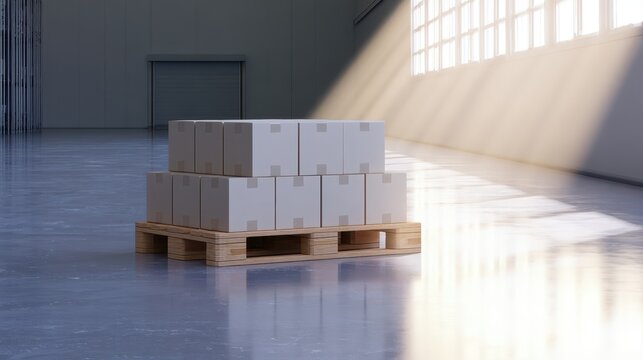 Stacked white cardboard boxes on wooden pallet in empty industrial warehouse with natural daylight