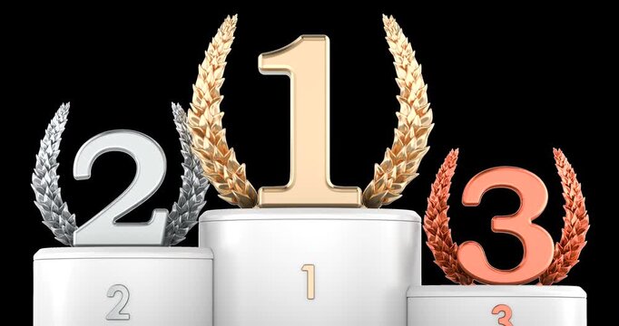 Award podium with gold silver and bronze winners, camera zoom in, animation. 3D rendering