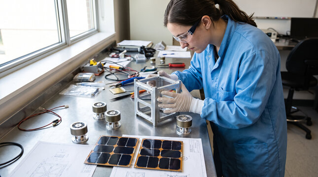 Female aerospace engineer assembling cubesat nanosatellite frame in cleanroom laboratory. Concept of space technology, aerospace industry, small satellite.