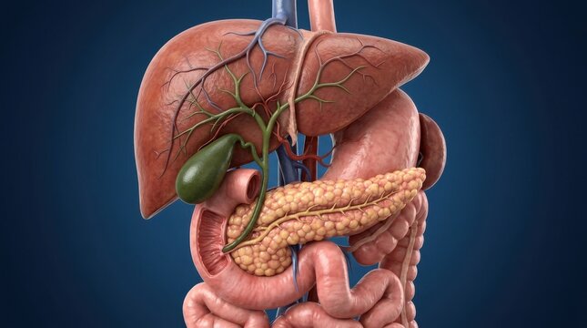 Digestive System 3D Medical Illustration with Liver, Pancreas, Gallbladder and Intestines on Dark Blue Background