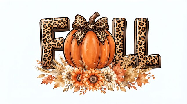 Fall pumpkin vector illustration with leopard print text and autumn leaves