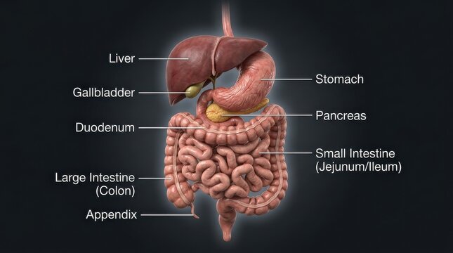 Human Digestive System 3D Illustration Labeled Anatomy Diagram