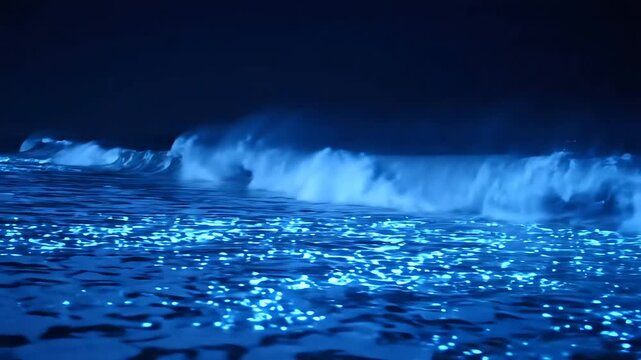Glowing Ocean Waves Crashing on a Dark Beach, Illuminated by Bioluminescence, Creating a Mesmerizing Nighttime Seascape.