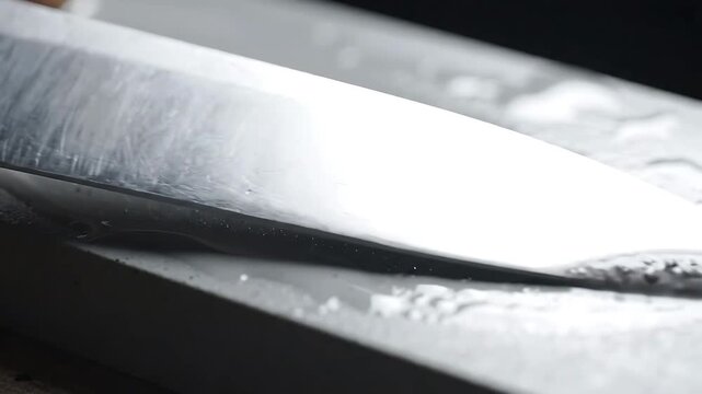 Water Droplets Cascading Down a Metallic Surface in a Seamless Looping Animation. Fluid Motion and Reflective Textures Create a Dynamic Visual.