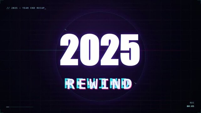 Futuristic Digital Countdown Animation with 2025 Rewind Text on Dark Purple Technology Background