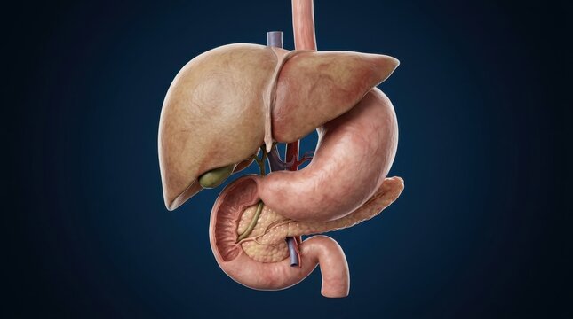Digestive System 3D Medical Illustration with Liver, Stomach, Pancreas and Intestines on Dark Background