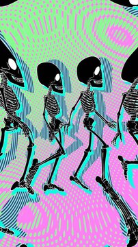 Seamless vertical video of a walking skulls cartoon style with halftone vintage background. 