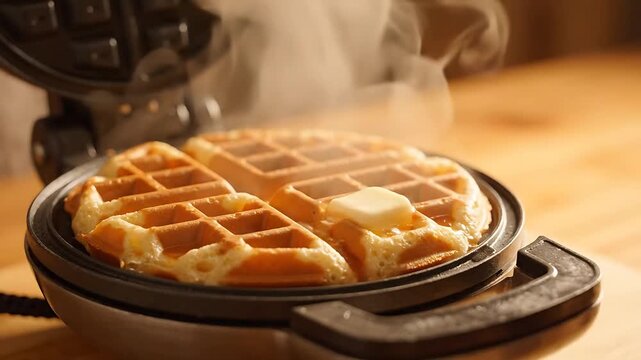 Waffle Maker Cooking Golden Waffles with Steam Rising, Then Butter Melting on Top. Breakfast Food Preparation Looping Animation.