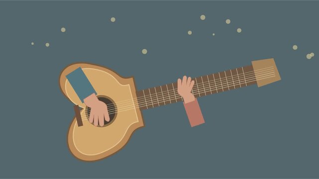 Gros plan sur un concert de guitare acoustique avec mains et lumi&egrave;res ext&eacute;rieures