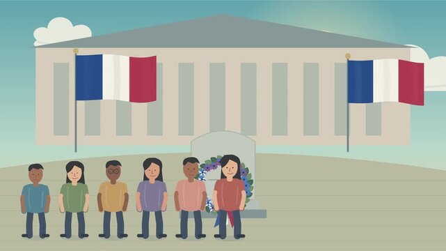 C&eacute;r&eacute;monie officielle fran&ccedil;aise avec drapeaux et rassemblement sur une place publique