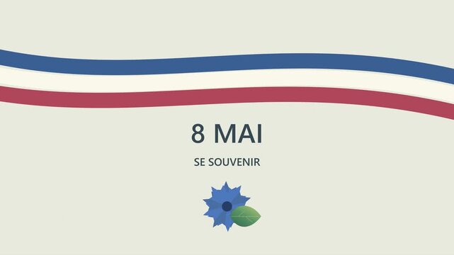 Symbole comm&eacute;moratif du 8 Mai avec bleuet, ruban fran&ccedil;ais et date m&eacute;morielle