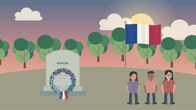 Sc&egrave;ne fran&ccedil;aise de comm&eacute;moration avec fleurs et drapeau au cr&eacute;puscule