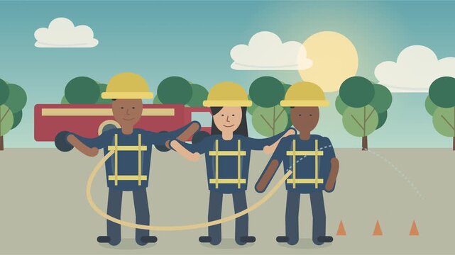 Pompiers volontaires s&rsquo;entra&icirc;nant en &eacute;quipe avec une lance &agrave; incendie