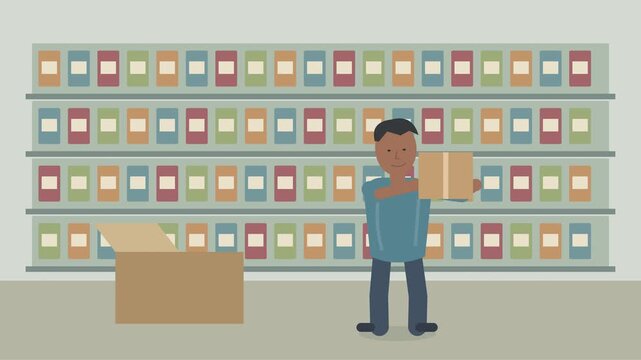 Employ&eacute; de supermarch&eacute; r&eacute;approvisionnant les rayons d&rsquo;une &eacute;picerie color&eacute;e