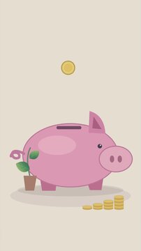 Tirelire rose avec piles de pi&egrave;ces croissantes et petite plante d&rsquo;investissement