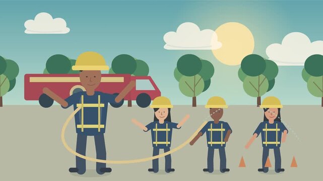 Enfants apprenant la s&eacute;curit&eacute; incendie avec un pompier lors d&rsquo;une activit&eacute; p&eacute;dagogique