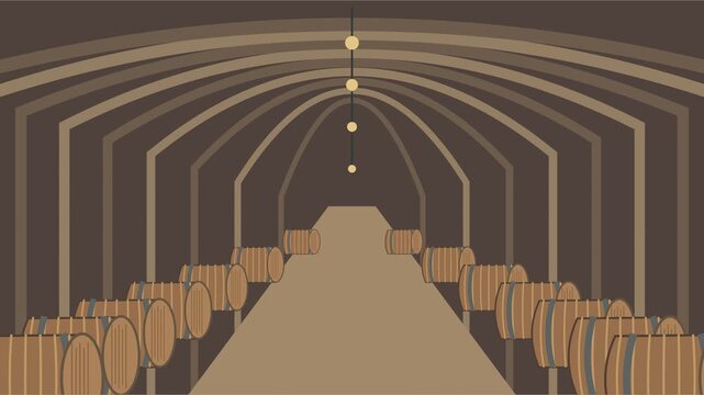 Rang&eacute;es de tonneaux en bois dans une cave &agrave; vin chaleureuse