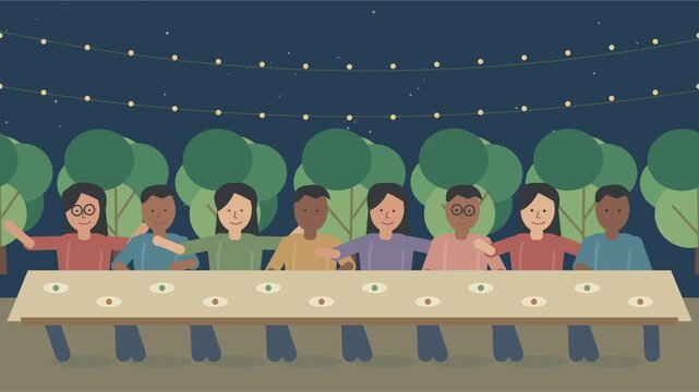 Repas communautaire avec personnes mangeant et discutant autour de longues tables ext&eacute;rieures