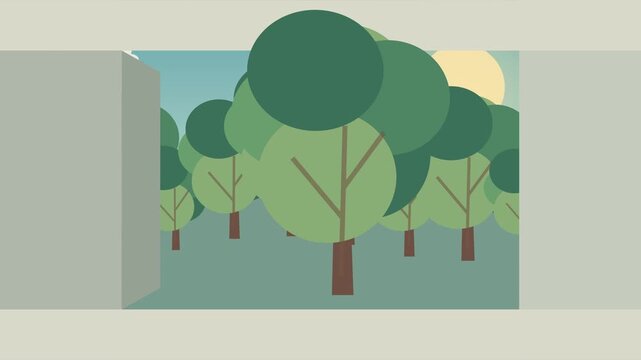 Ouverture architecturale encadrant un arbre et un paysage naturel en mouvement