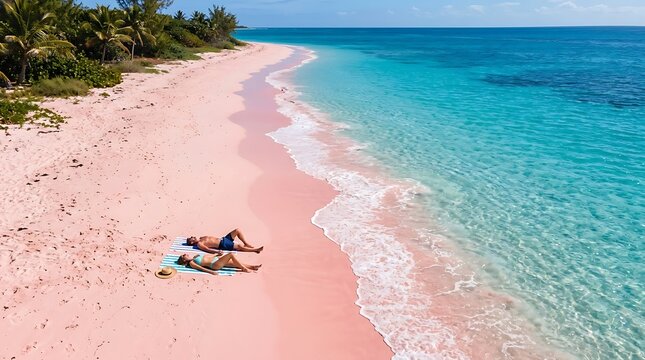 Aerial view of a couple sunbathing on the famous pink sand beach of harbour island in the bahamas with turquoise water and lush tropical vegetation