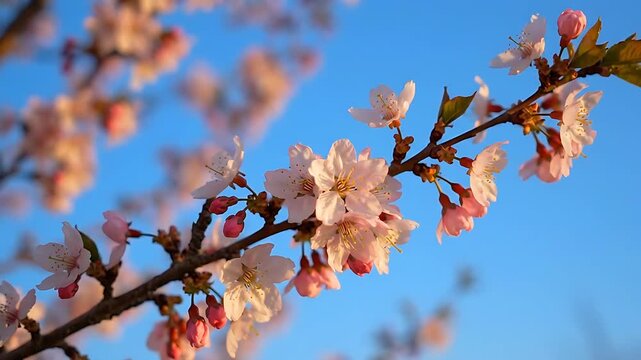 Cherry Blossoms Gently Swaying Against a Clear Blue Sky, Creating a Tranquil and Serene Springtime Atmosphere. Blooming Branches, Soft Focus.