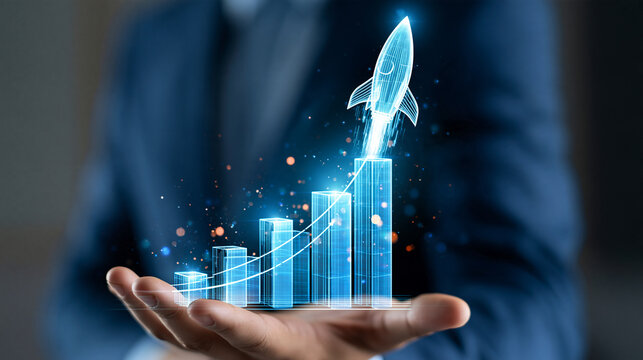 Human hand holding a glowing digital rocket emerging from an ascending bar chart, startup growth, business expansion, investment funding, entrepreneurship, financial success,