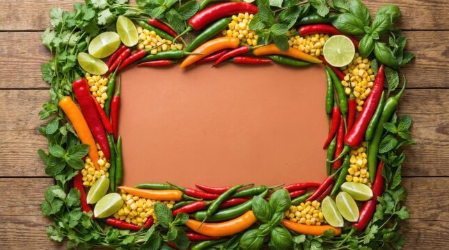 Rectangular Border of Colorful Chili Peppers and Herbs on Wood Table