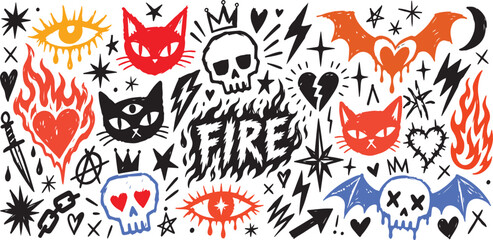 Obraz premium Collection of hand-drawn punk rock doodles including skulls cats hearts and fire elements perfect for edgy graphic design and alternative art