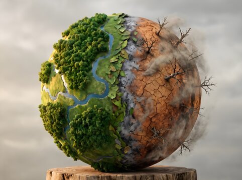 Split globe concept showing environmental contrast between a lush green hemisphere with forests and rivers and a dry cracked desert hemisphere with dead trees and smoke on a wooden base


