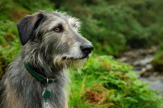 Portrait of an Irish wolfhound with a green collar, gazing intently into the distance amidst a lush, green outdoor setting