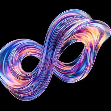 Abstract infinite infinity symbol loop made of iridescent liquid flowing shapes with vibrant blue and purple metallic gradients