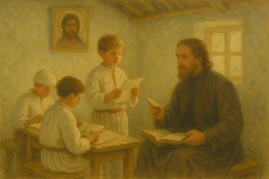 A painting depicts a teacher instructing young students in a classroom setting, emphasizing themes of education and traditional values, with a religious icon on the wall
