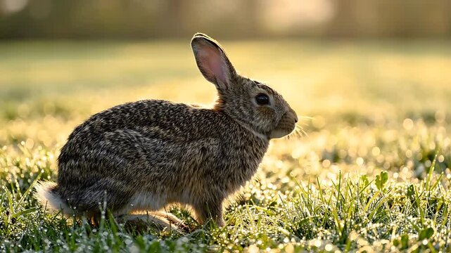 Rabbit Hopping Across a Grassy Field in Golden Sunlight, Showcasing a Seamless Looping Animation. Gentle Motion and Natural Lighting.