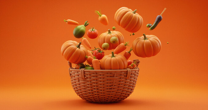 Pumpkins and autumn vegetables falling from wooden rattan basket on orange background 3D Rendering, 3D Illustration
