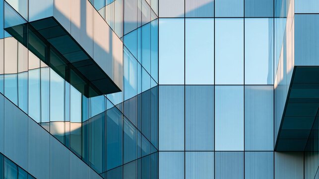 Close-up of a modern building with a glass facade. the building appears to be made up of multiple levels, with the top level being the largest and the bottom level being smaller.