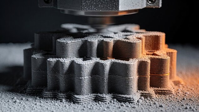 Additive manufacturing process with layered metallic structure and machine head, industrial technology concept, close-up detail