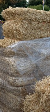 Animal Food: Stacked rectangular straw bales wrapped tightly in clear protective plastic film